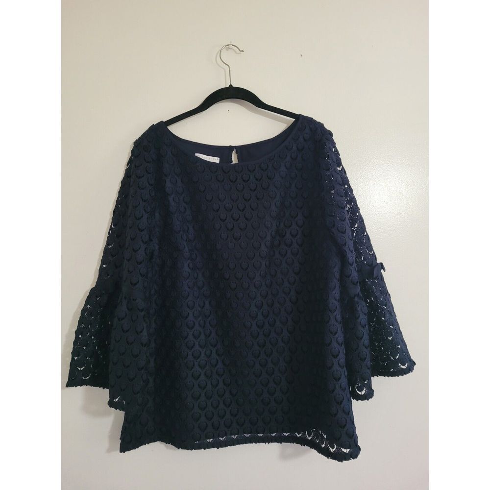 RSVP by TALBOTS Women Eyelet Lace Navy Blue Blouse Flared Sleeves Size Large